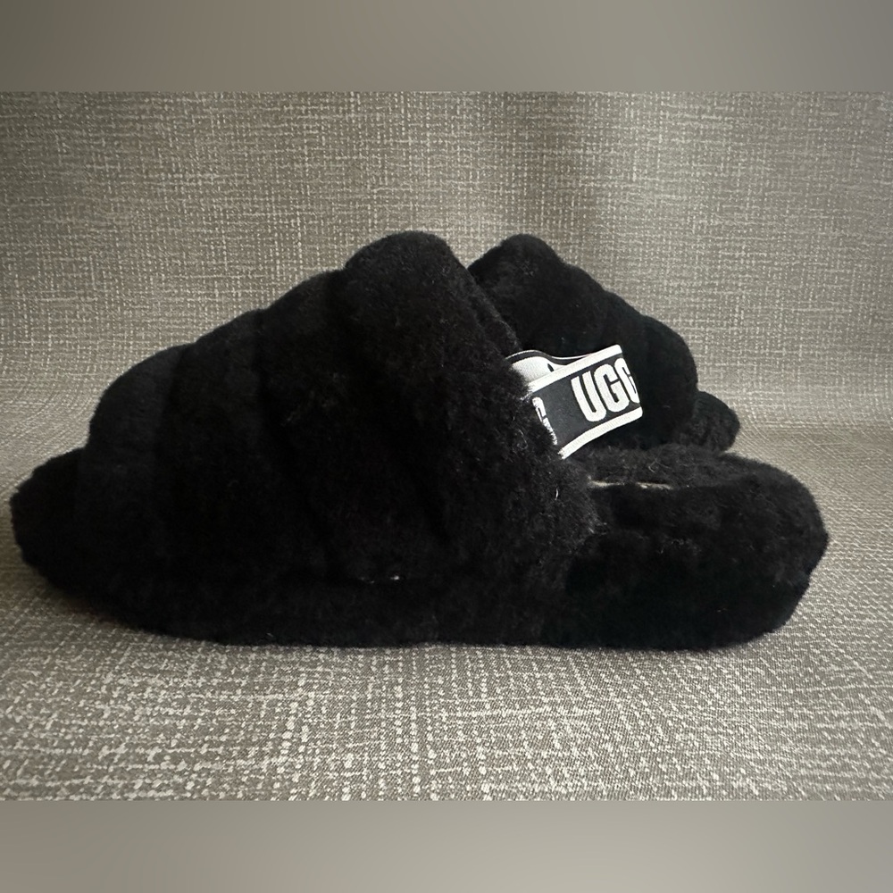 UGG Black Fluff Yeah Slides Slippers with Logo Strap size 9 - Picture 7 of 11